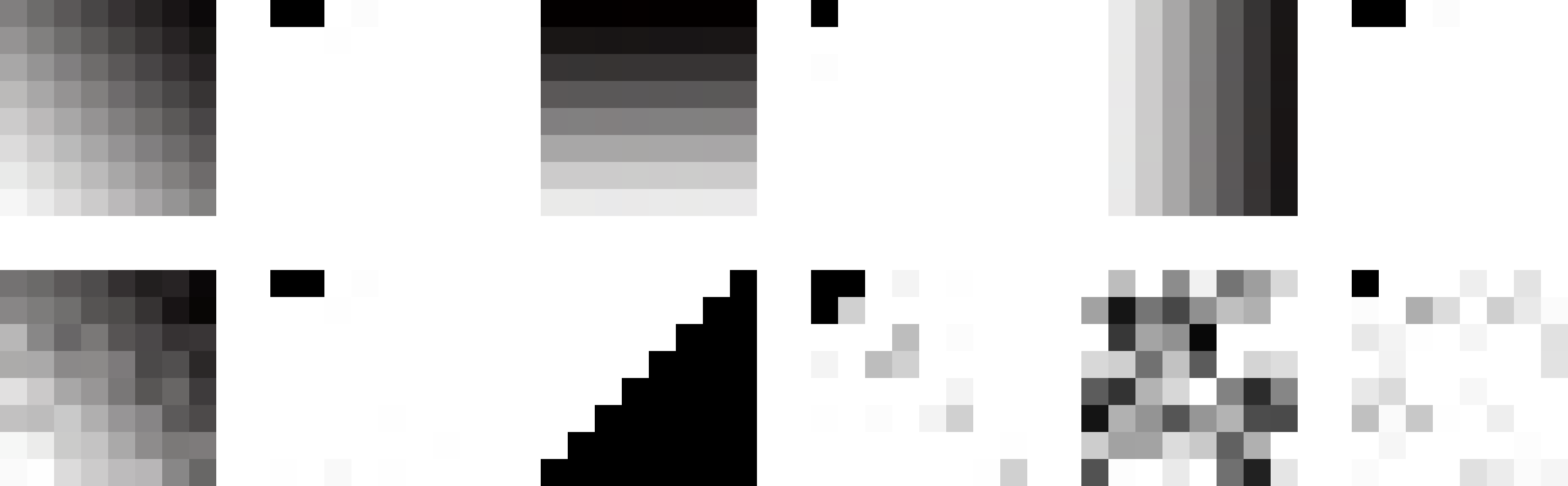 一系列 8x8 图像和其 Y’ DCT 后的对比图